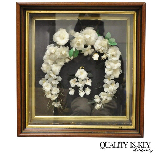 Antique Victorian White Feather Floral Mourning Wreath Mahogany Wood Shadow Box