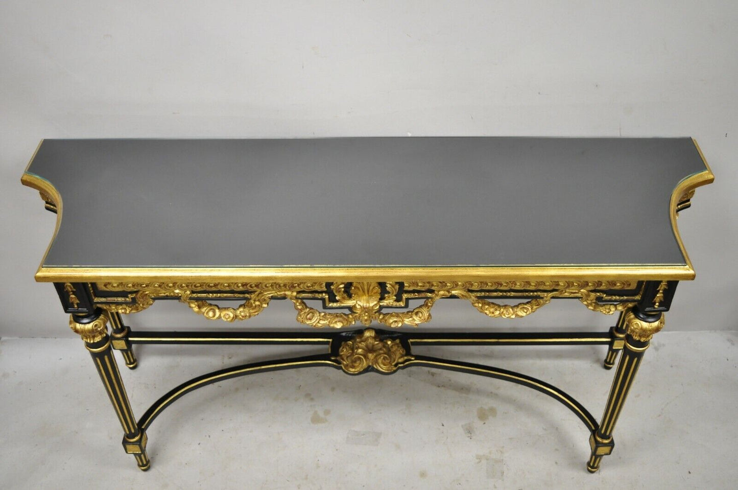 Labarge French Louis XVI Italian Black Lacquer Gold Gilt Jansen Console Table