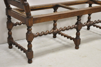 Vintage Oak Jacobean Style Barley Twist Stretchers 6 Leg Cane Window Bench