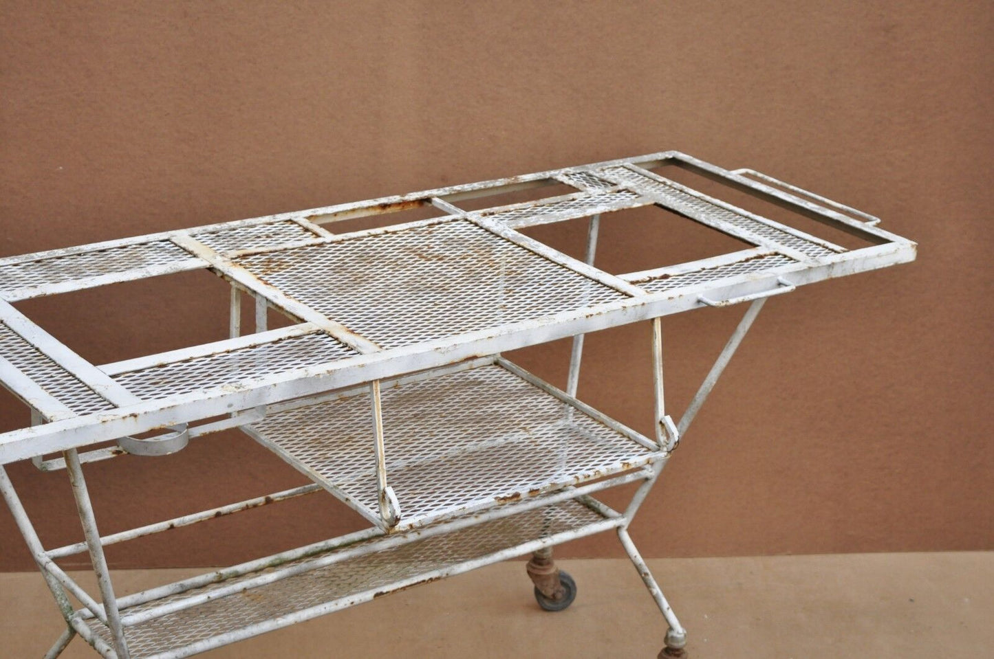 Vtg Wrought Iron Industrial Steampunk Rolling Bar Cart BBQ Pit Table Metal Mesh