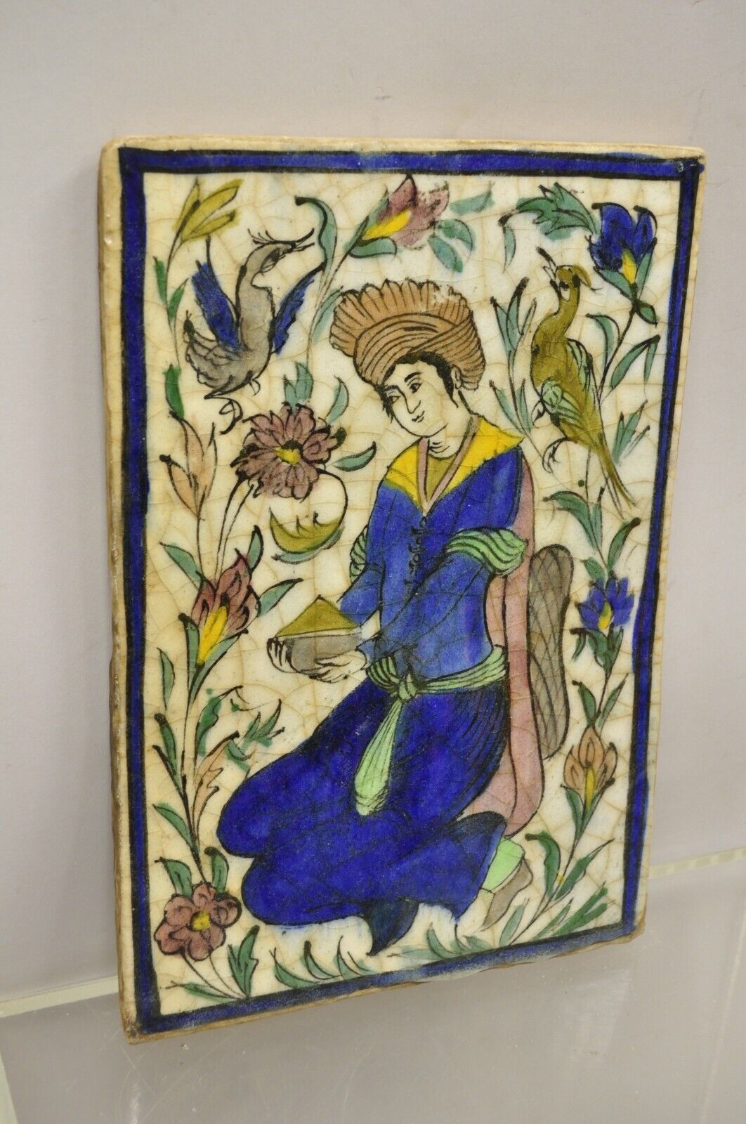 Antique Persian Iznik Qajar Style Ceramic Pottery Tile Figure with Blue Garb C2