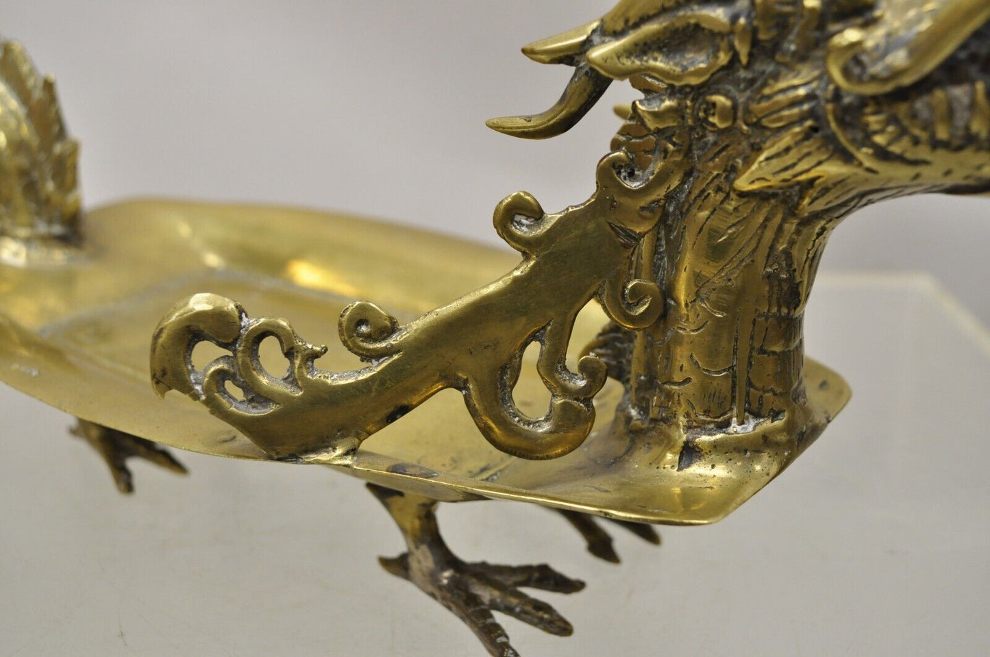 Vintage Solid Brass Dragon Form Chinese Trinket Dish Desk Accessory