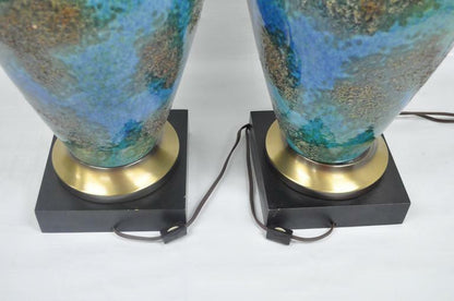 Pair of Mid Century Italian Modern Blue Glazed Ceramic Pottery Table Lamps