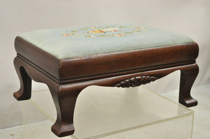 Antique Victorian Mahogany Blue Floral Needlepoint Footstool Ottoman