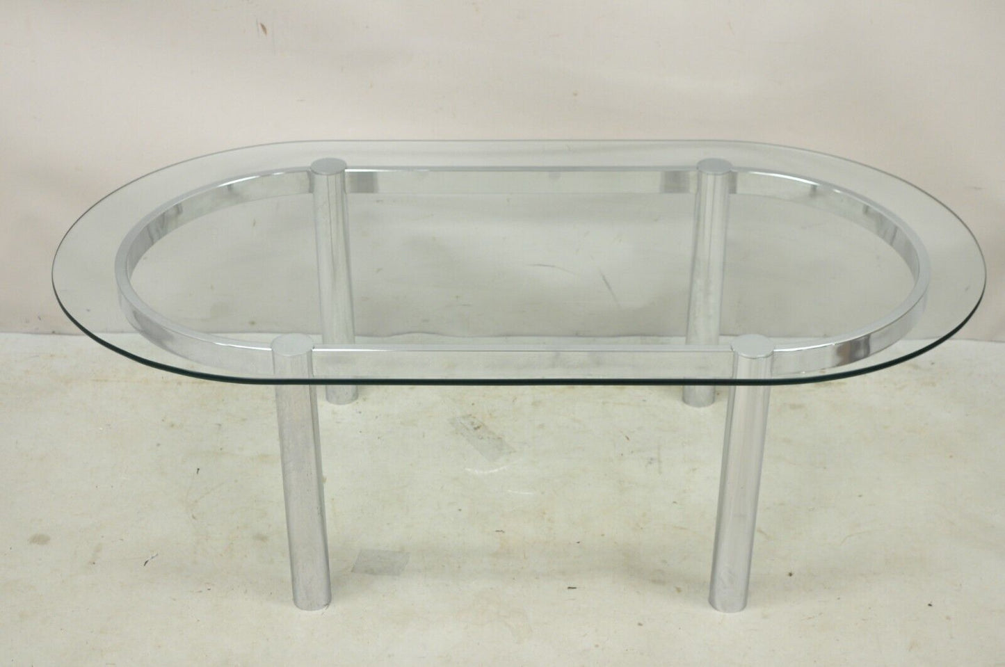 Vintage Chrome Tubular Mid Century Modern Space Age Oval Glass Coffee Table