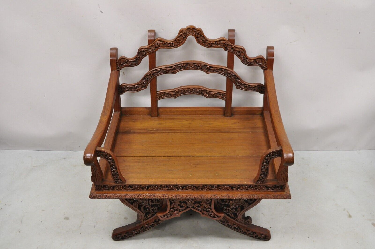 Vintage Chinoiserie Carved Teak Wood Howdah Elephant Saddle Accent Chair