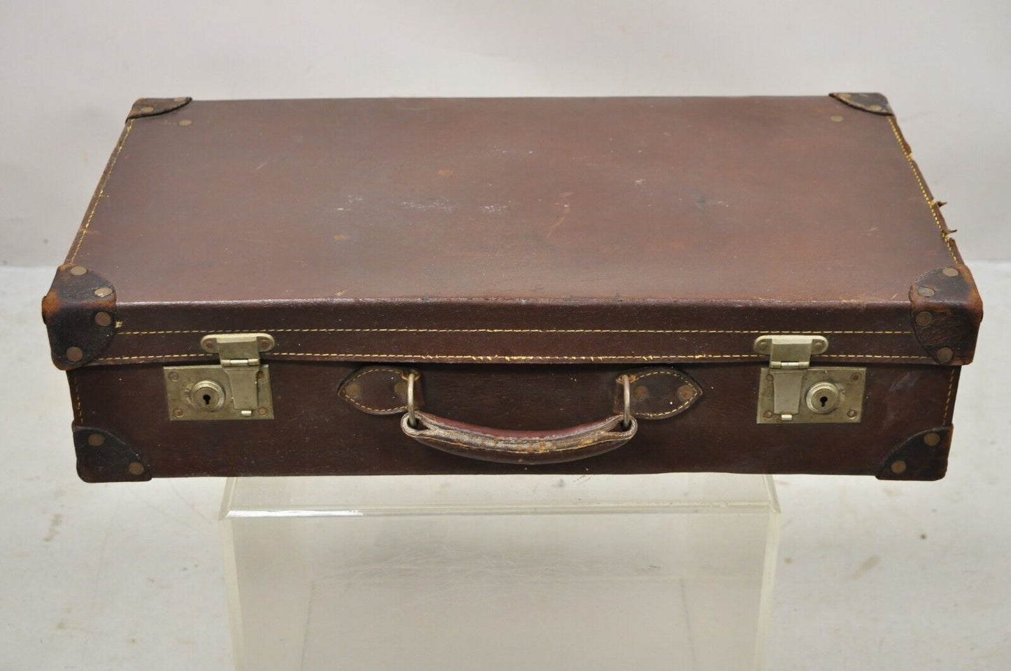 Antique Art Deco Brown Leather English 25" Luggage Travel Suitcase