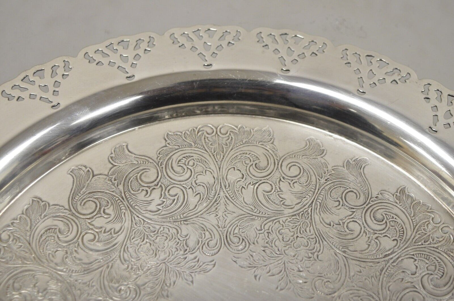 Vintage Home Decorators Inc Silver Plated Pierced Gallery Round Serving Tray