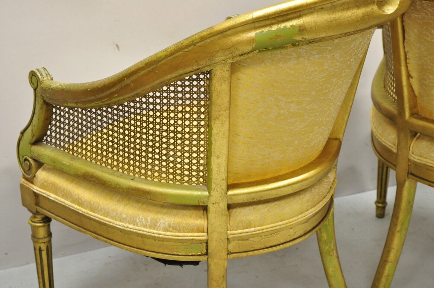 French Hollywood Regency Gold Gilt Barrel Back Cane Lounge Chairs - a Pair