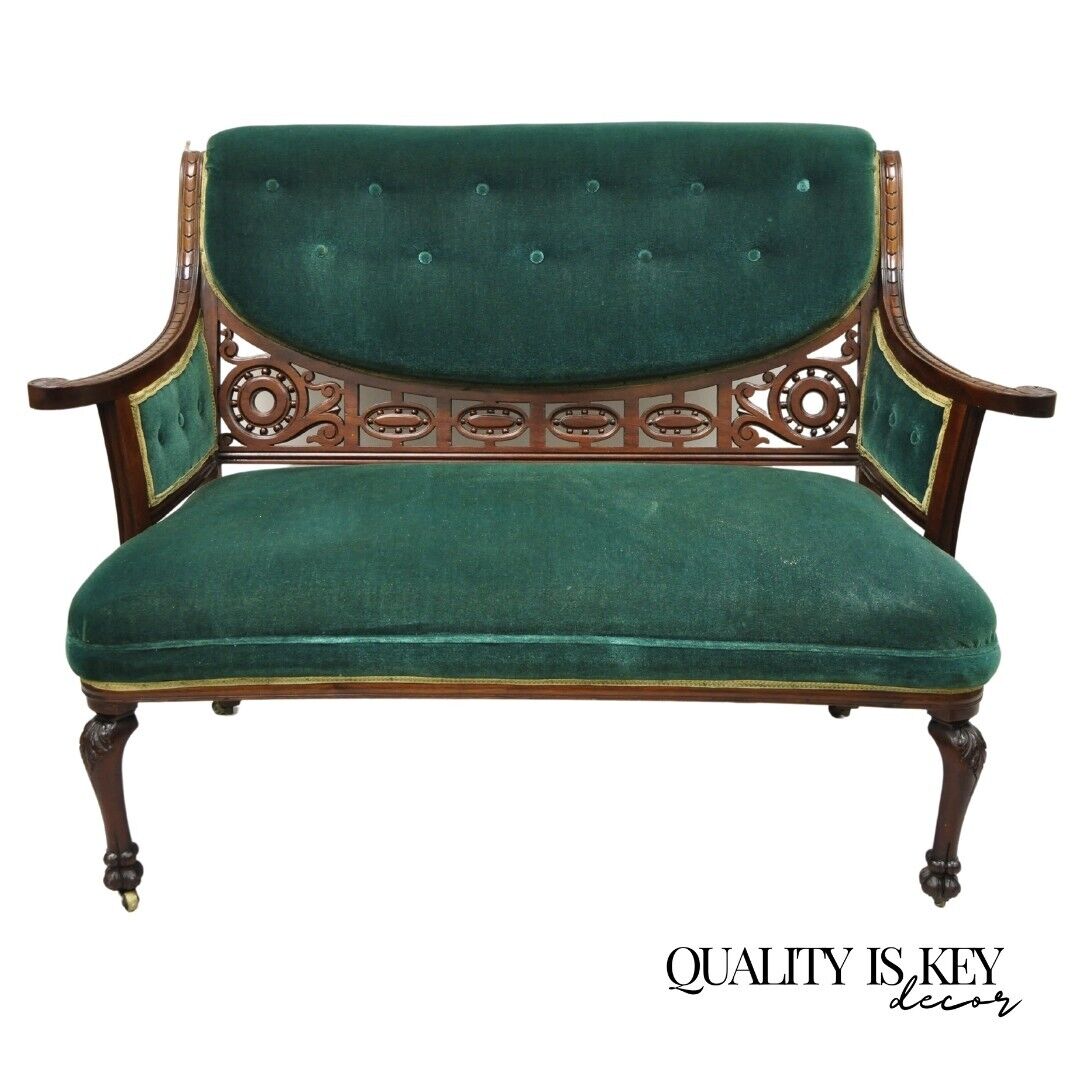 Antique Victorian Green Mohair Fretwork Carved Mahogany Parlor Loveseat Settee