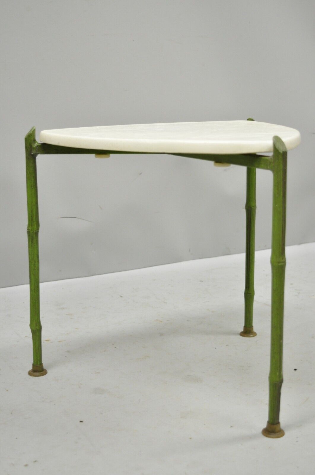 Faux Bamboo Chinese Chippendale Green Tripod Aluminum Guitar Pick Side Table