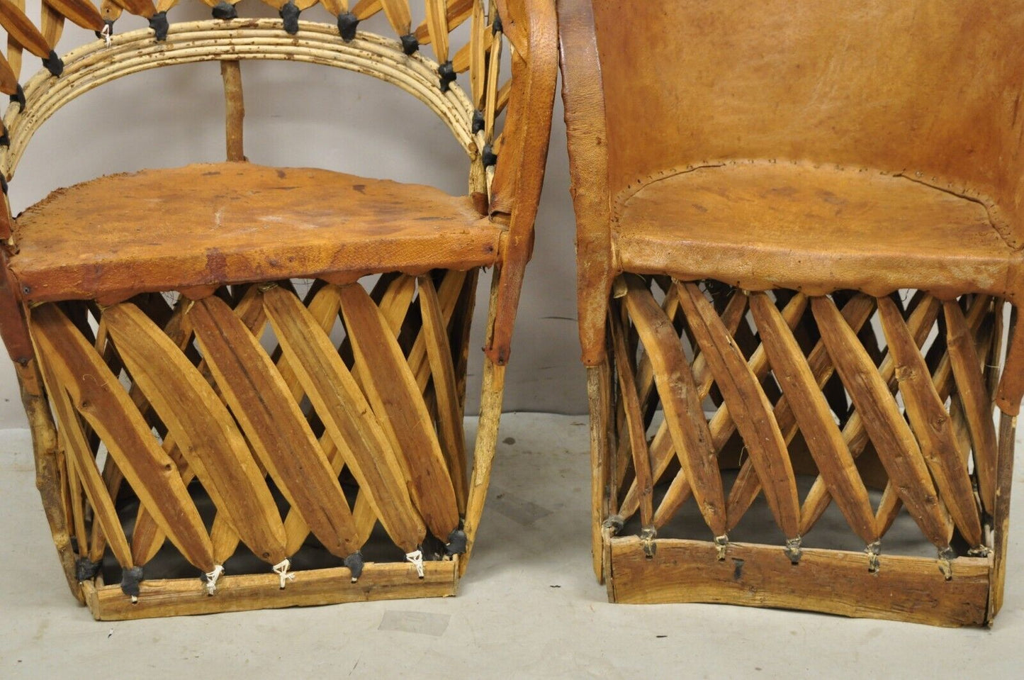 Vintage Brown Leather and Cedar Wood Mexican Equipale Barrel Club Chairs a Pair