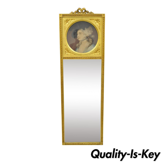 Antique French Louis XV Style Gold Gilt Wood Trumeau Mirror with Portrait Print