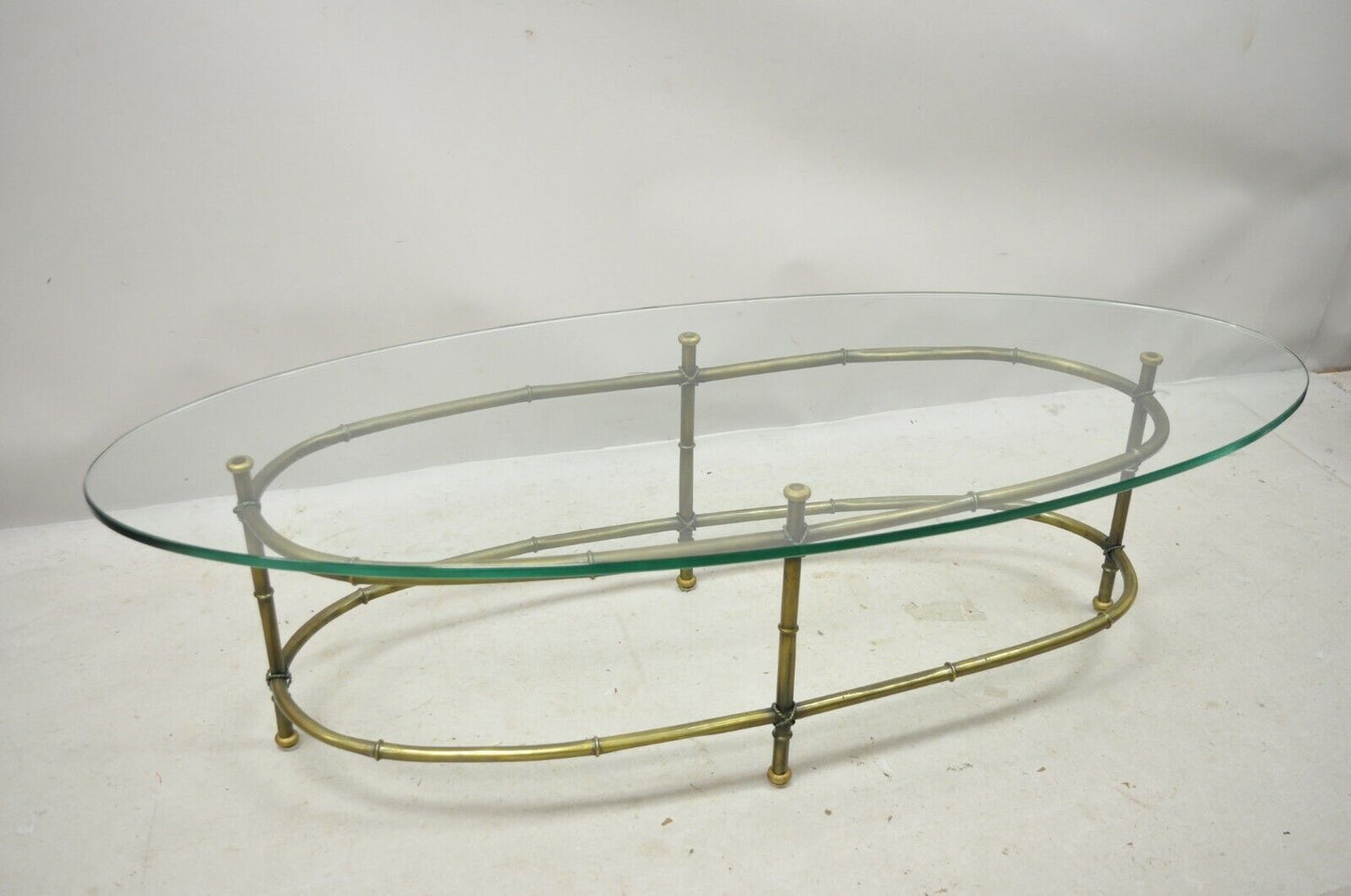 Vintage Hollywood Regency Brass Faux Bamboo Oval Glass Top Italian Coffee Table