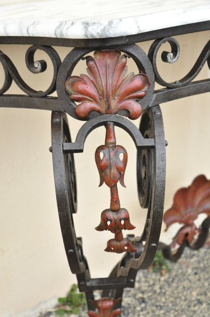 Antique French Art Nouveau Marble Top Wrought Iron Wall Mount Console Hall Table