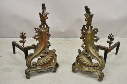 Antique French Rococo Baroque Style Brass Leafy Acanthus Andirons - a Pair