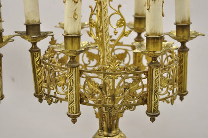 Antique Gothic Revival Gold Bronze Figural Candelabra Table Lamps - a Pair