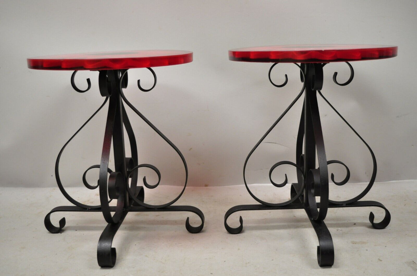 Vintage Wondermold Gamma Associates Red Resin Sun Flower Iron Side Tables - Pair