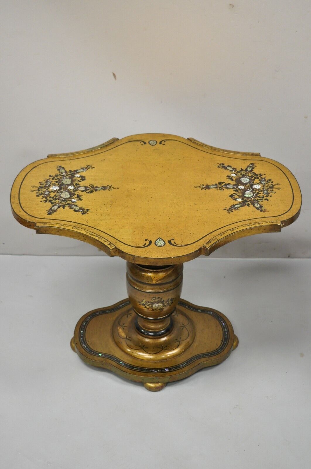 Mediterranean Gold Leaf Low Pedestal Side Tables Mother of Pearl Inlay - a Pair