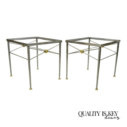 Italian Directoire Maison Jansen Style Brushed Steel & Brass End Tables - a Pair