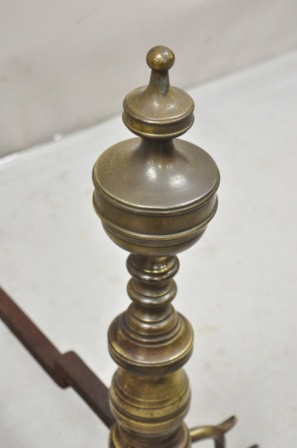 Antique Brass Federal Branch Leg Urn Finial Cast Iron Andirons - a Pair