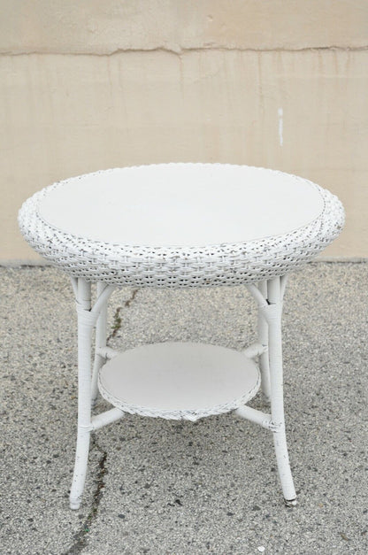 Victorian White Wicker 34" Round Occasional Sunroom Plant Stand Fern Lamp Table