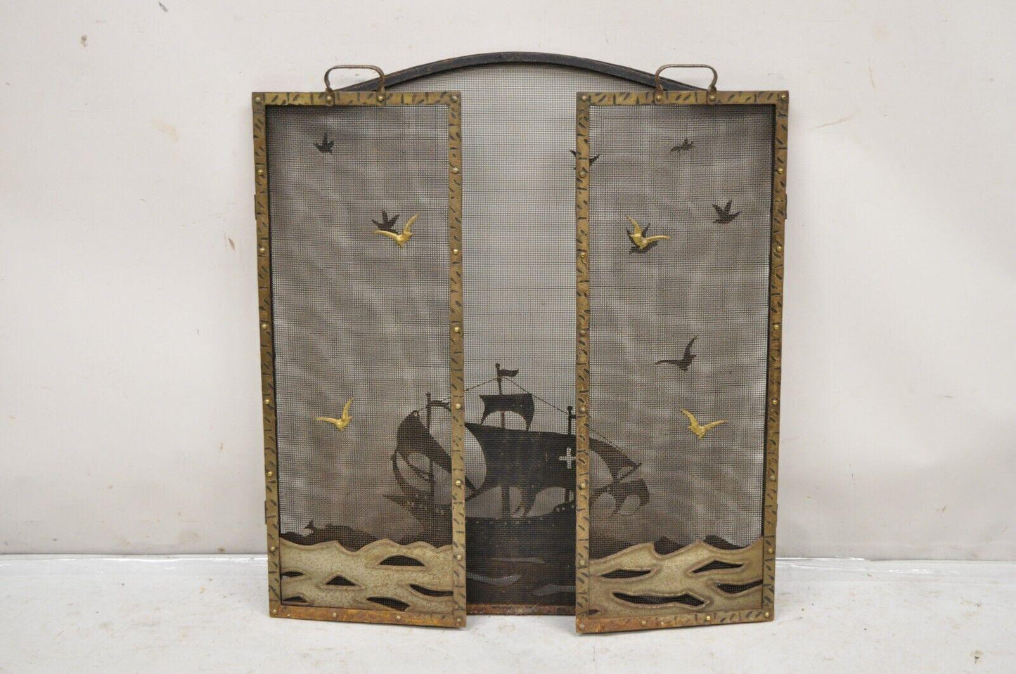 Vintage Nautical Clipper Ship Boat Metal Folding Fireplace Screen Firescreen