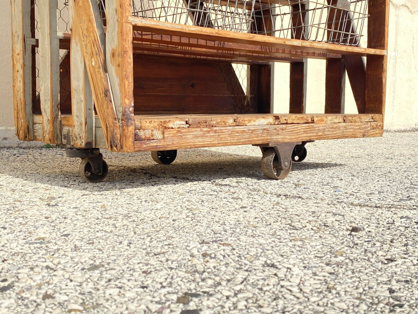 Antique American Industrial Wooden Rolling Shelf Storage Cart Distressed Gray