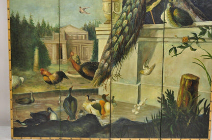 Venetian Hand Painted Oil on Canvas 4 Section Peacock Bird Screen Room Divider