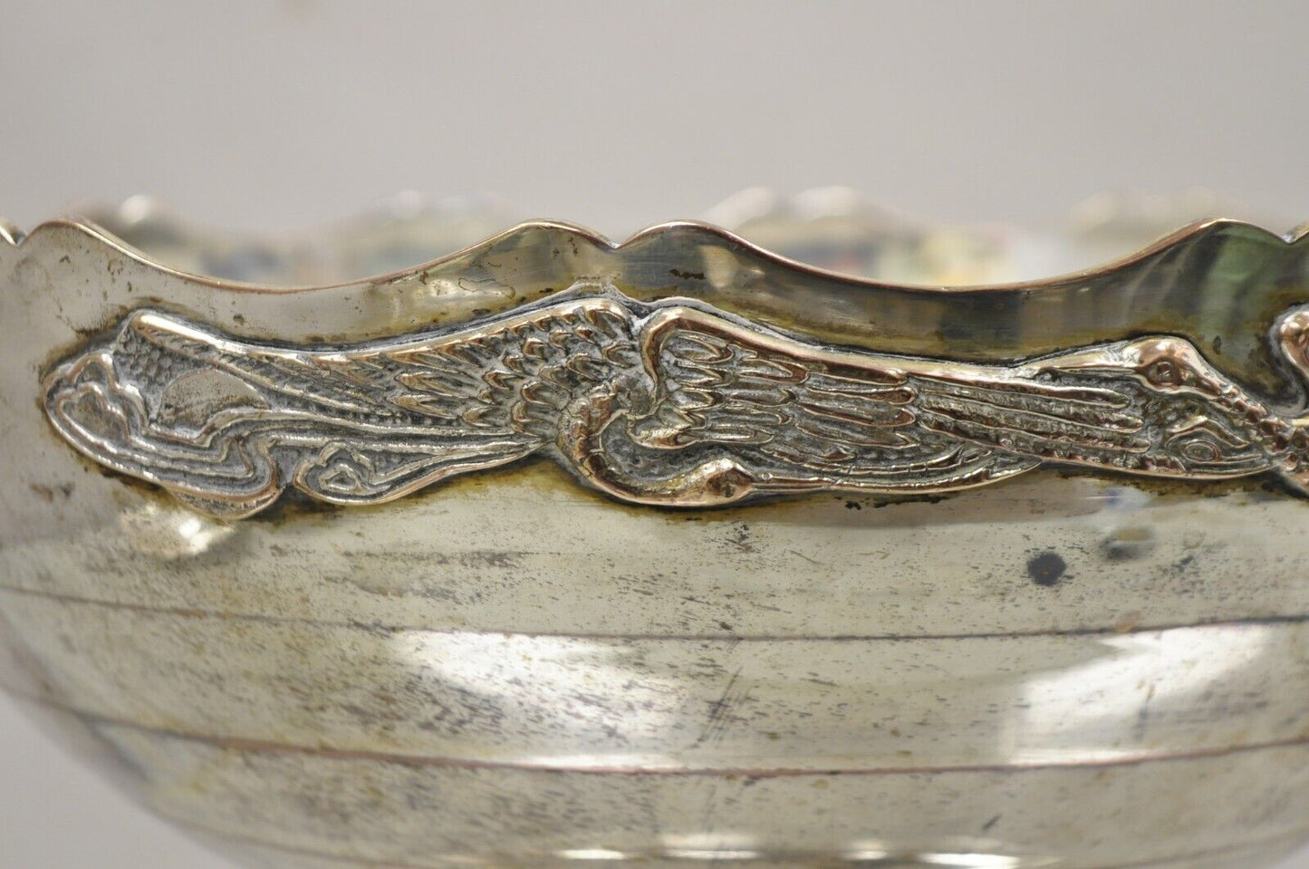 Vintage Silver Plated Art Deco Style Punch Bowl with Repeating Crane Birds