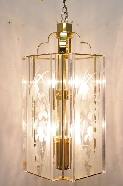 Vintage Fredrick Ramond Brass Lucite Glass Pendant Light Chandelier