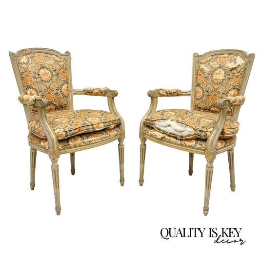 Antique French Louis XVI Style Distressed Cream Painted Fauteuil Arm Chairs Pair