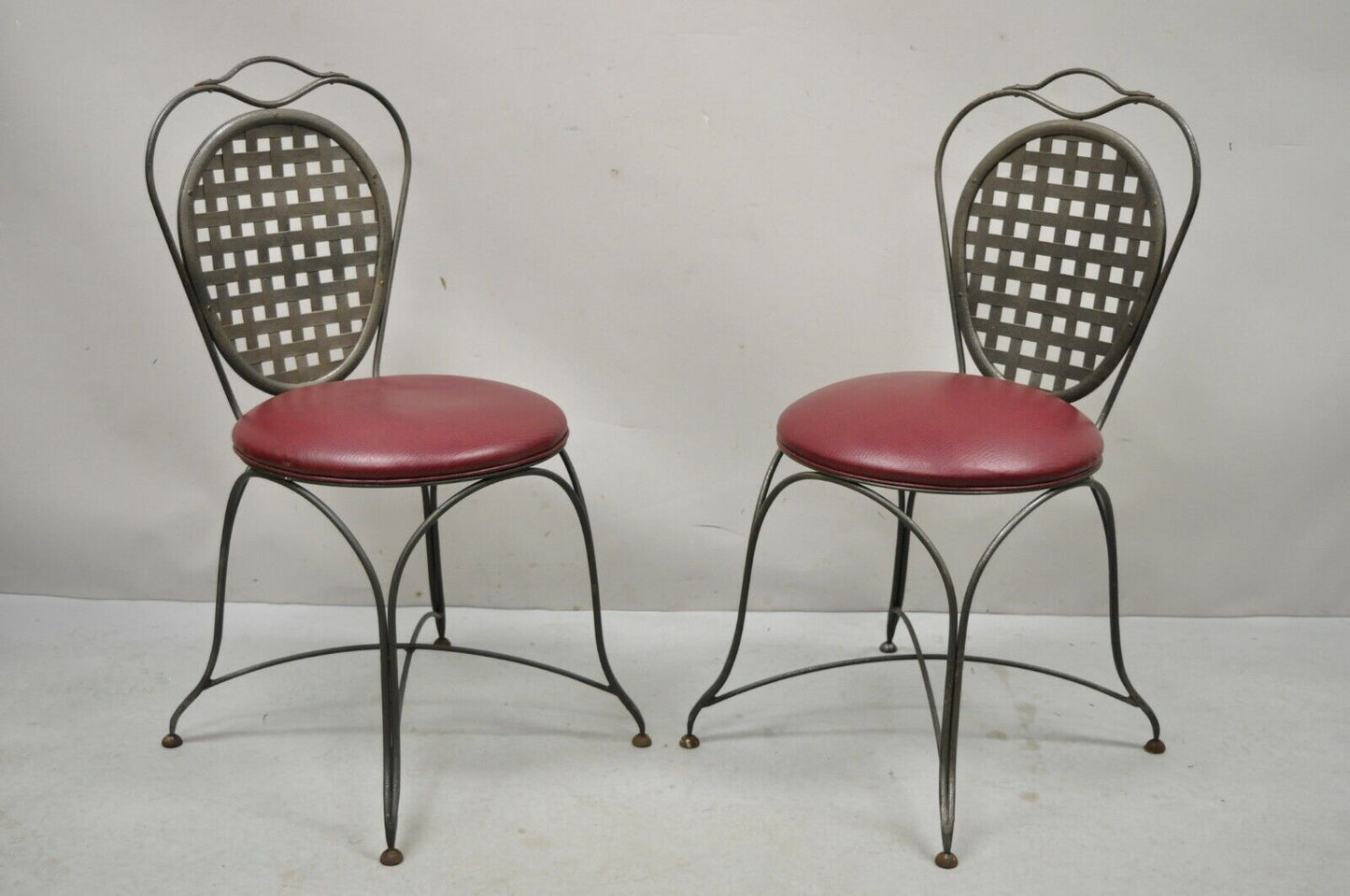 Italian Regency Style Wrought Iron Sunroom Lattice Round Seat Chairs - a Pair