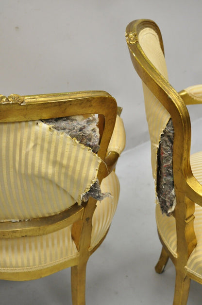 French Louis XV Style Gold Gilt Fauteuil Arm Chairs to Refinish DIY - a Pair