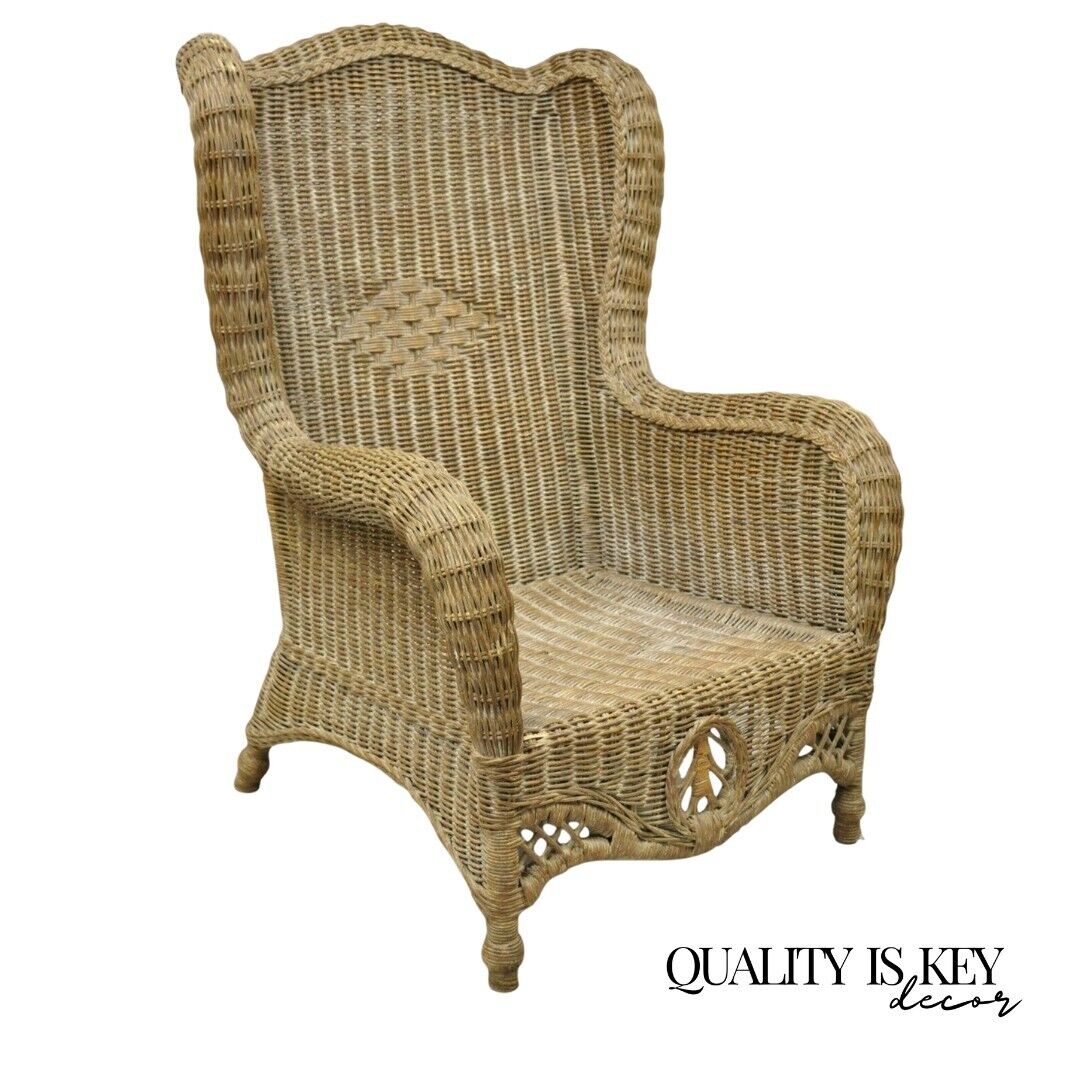 Large Woven Wicker Rattan Victorian Style Wingback Lounge Arm Chair