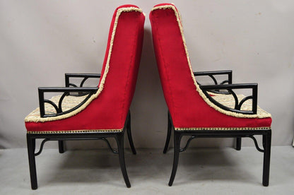 James Mont Style Black Chinese Chinoiserie Fretwork Red Lounge Chairs - a Pair