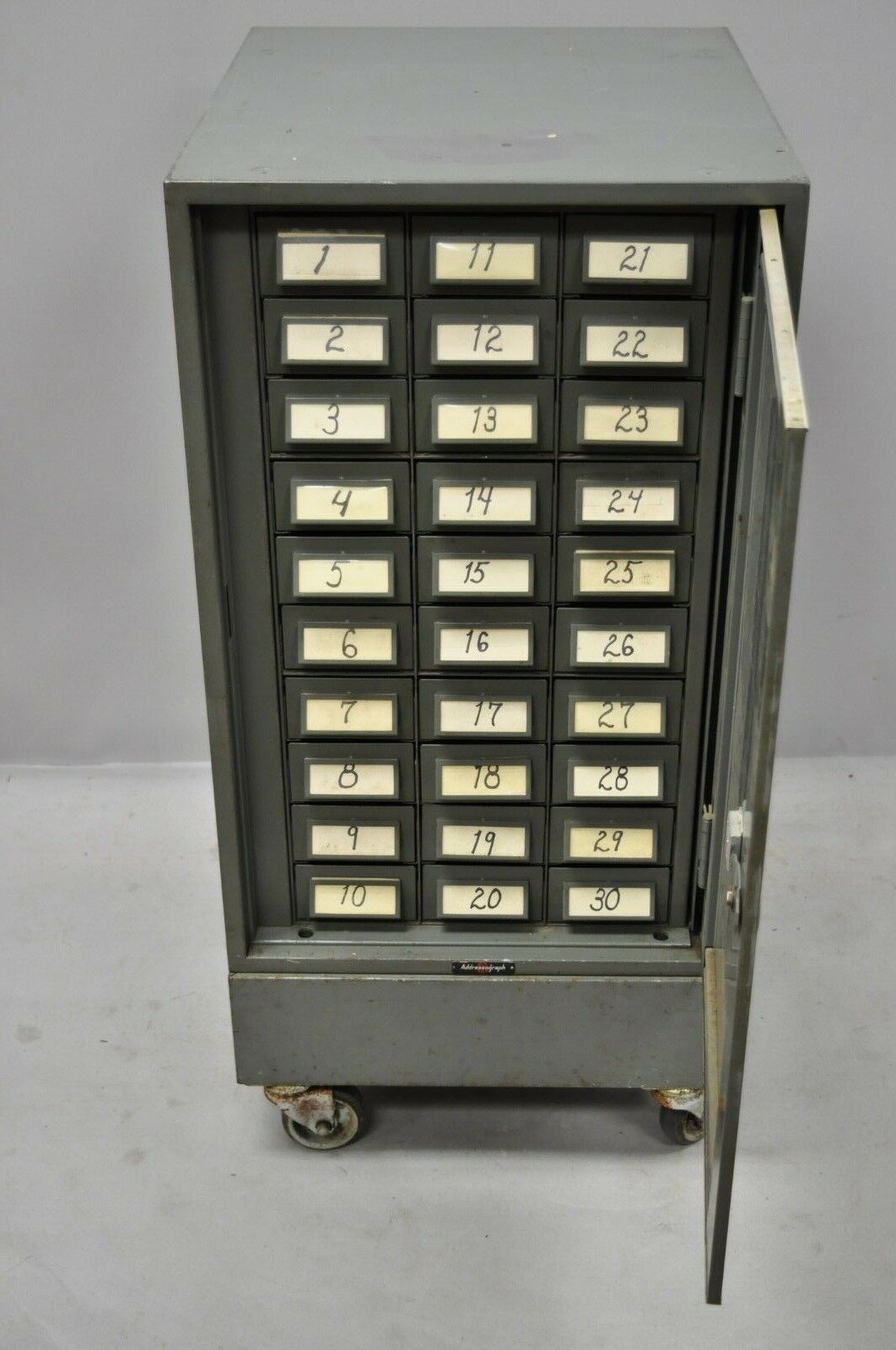 Vintage Industrial Steel Metal 30 Drawer Cataloge File Cabinet by Addressograph