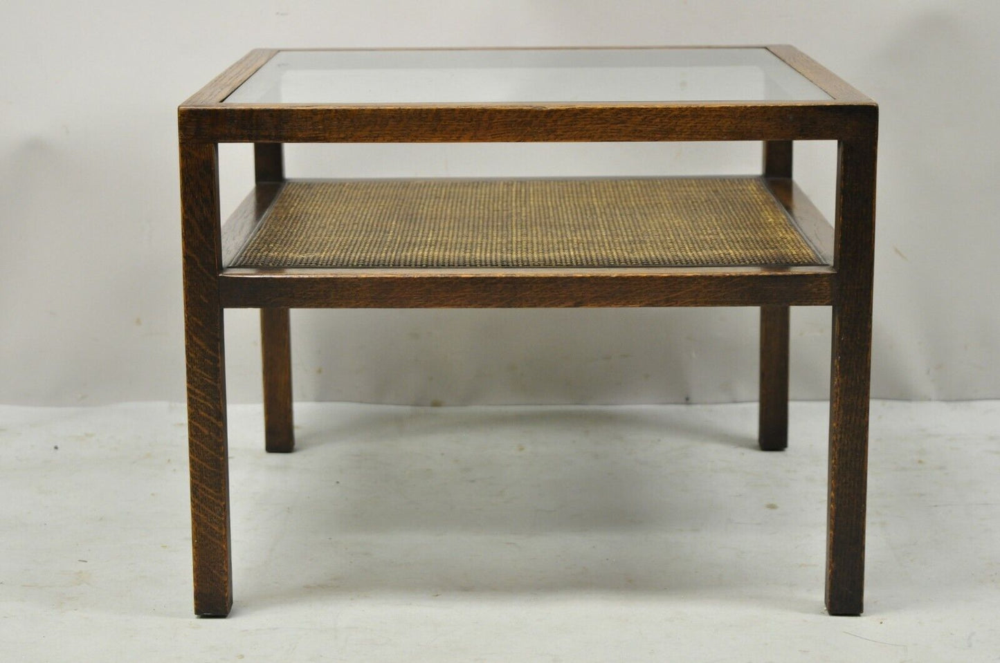 Mid Century Modern Oak Wood and Cane 2 Tier Glass Top Side Table Dunbar Style