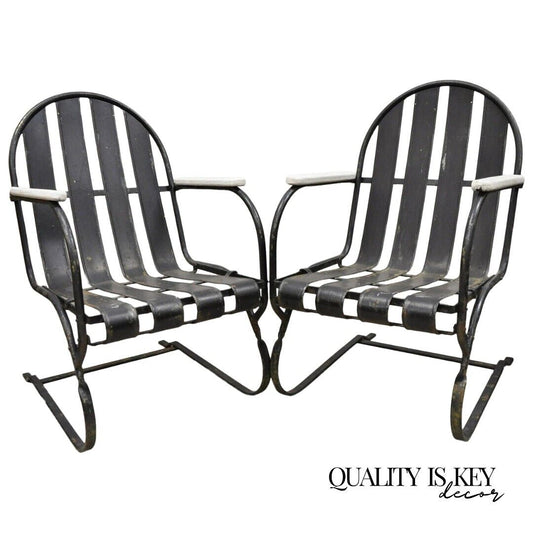 Pair Vintage Art Deco Black and White Steel Metal Slat Patio Bouncer Chairs