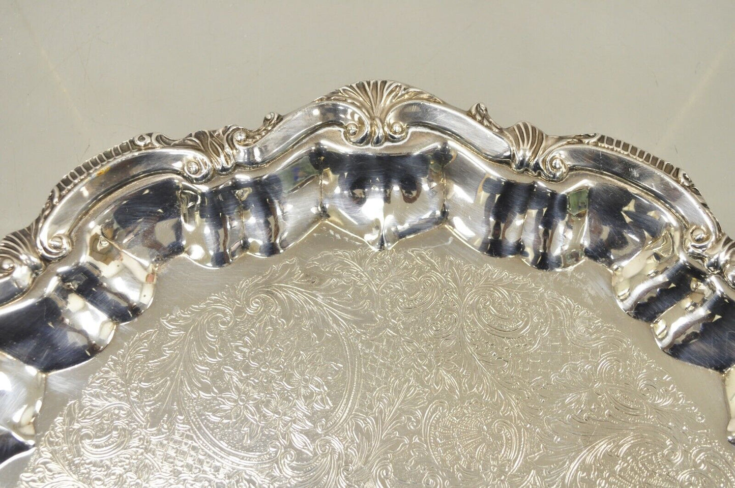 BSC English Silver Plated Victorian Style Round Scalloped Serving Platter Tray