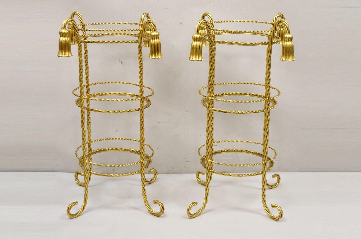 Italian Hollywood Regency 3 Tier Gold Iron Rope Tassel Stand Side Tables - Pair