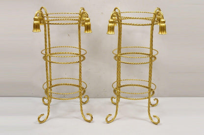 Italian Hollywood Regency 3 Tier Gold Iron Rope Tassel Stand Side Tables - Pair