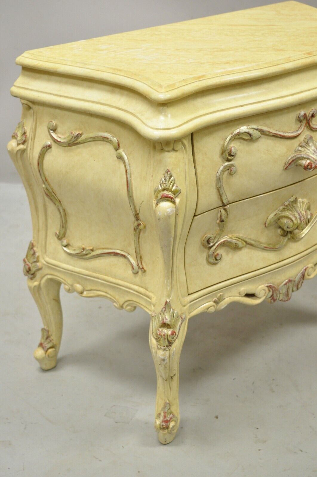 Italian Rococo Cream Lacquer 2 Drawer Nightstands Bombe Bedside Commode - a Pair