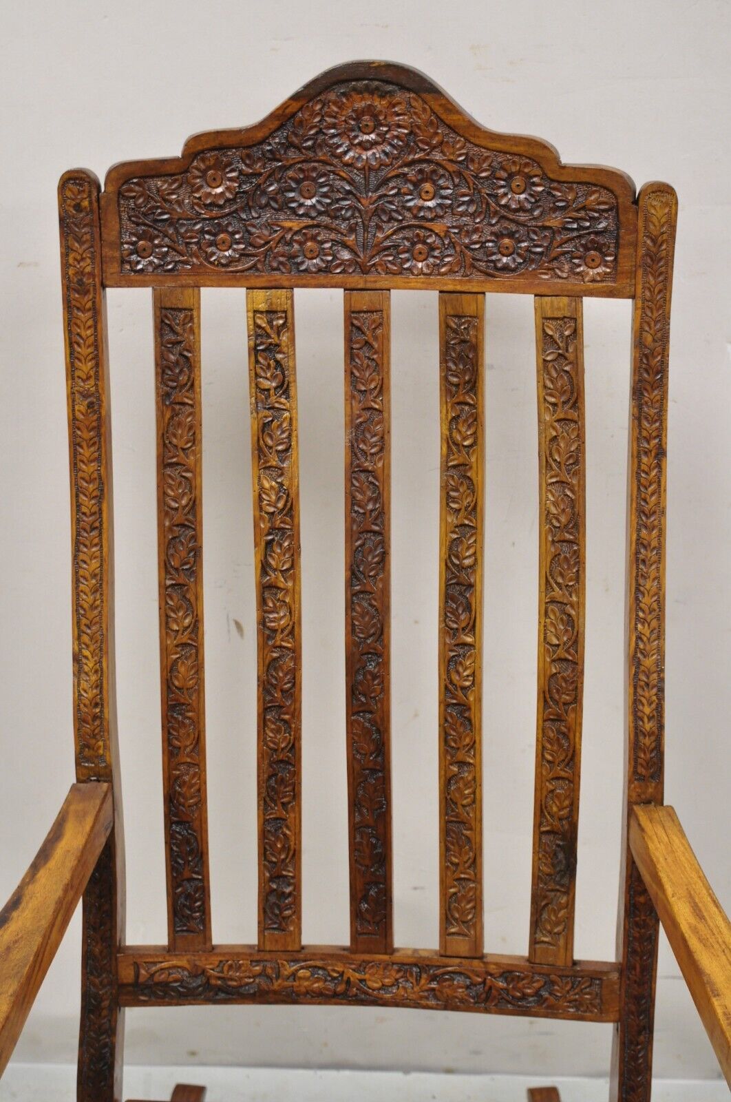 Vintage Anglo Indian Carved Teak Wood Rocking Chair Rocker