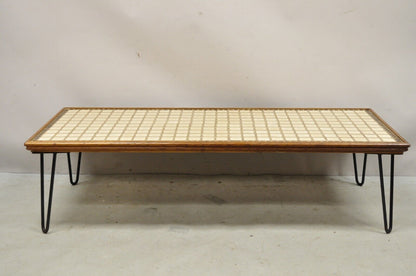 Vintage Mid Century Modern Beige Tile Top 51" Coffee Table w/ Iron Hairpin Legs