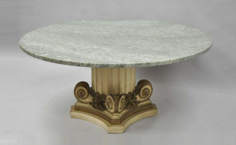 Green Marble Top Fluted Wood Corinthian Column Pedestal Base Round Coffee Table