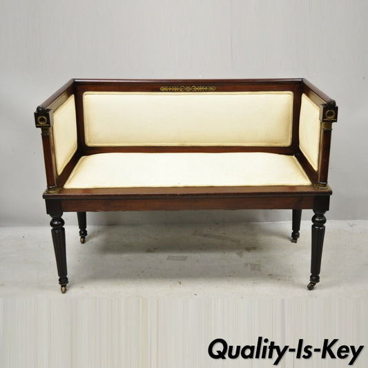 Antique French Empire Mahogany Bench Settee with Bronze Ormolu and Even Arms