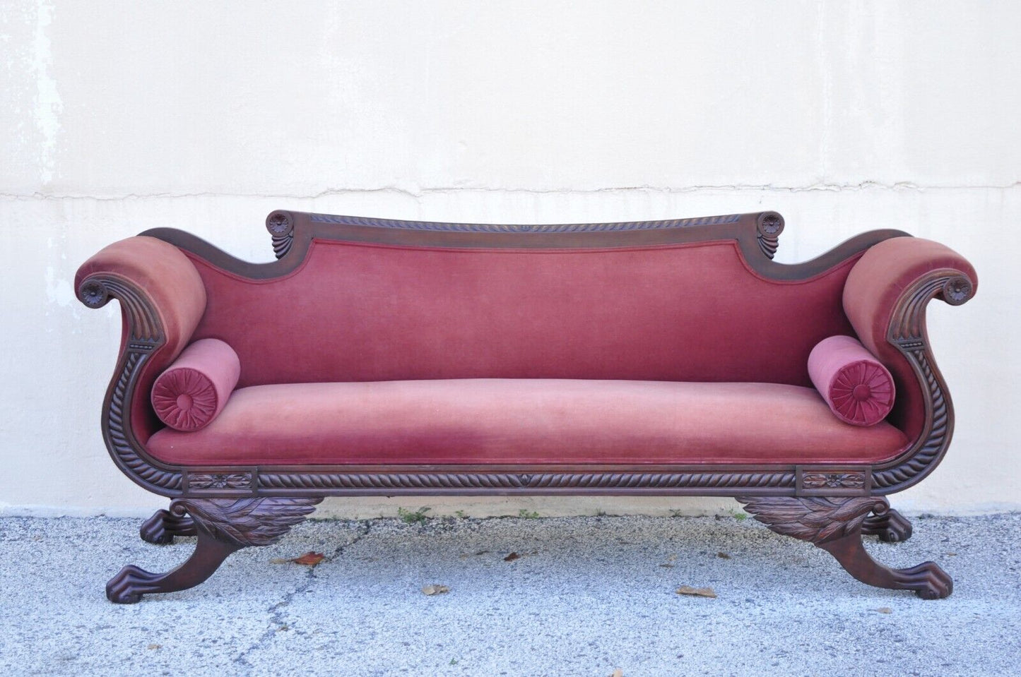 Antique American Empire Mahogany Frame Carved Paw Feet Scroll Arm Sofa