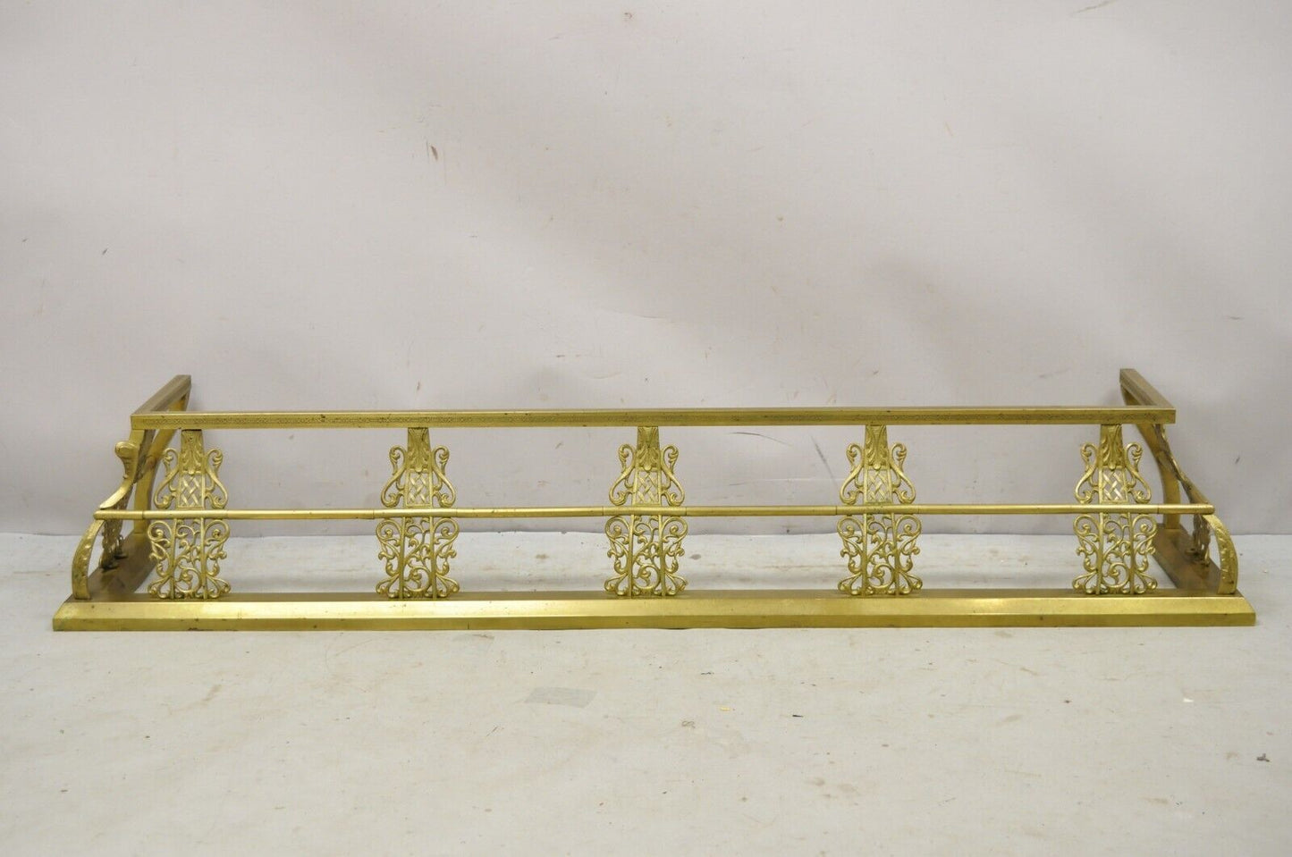 Antique 58" Victorian Brass Scroll Accented Fireplace Hearth Fender Surround