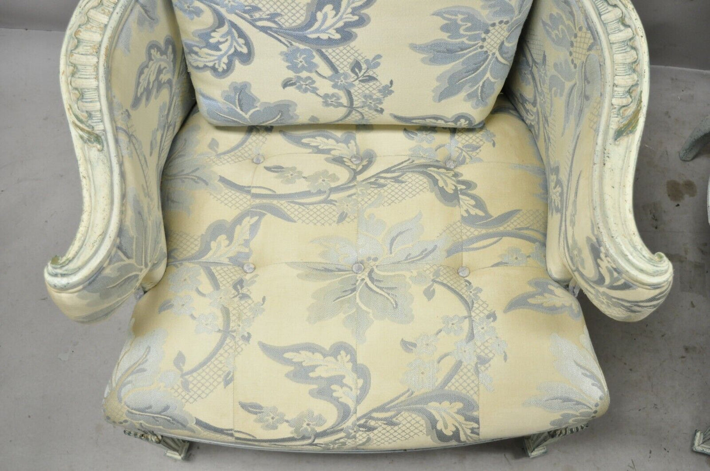 Vintage French Provincial Louis XVI Blue & Cream Painted Club Chairs - a Pair